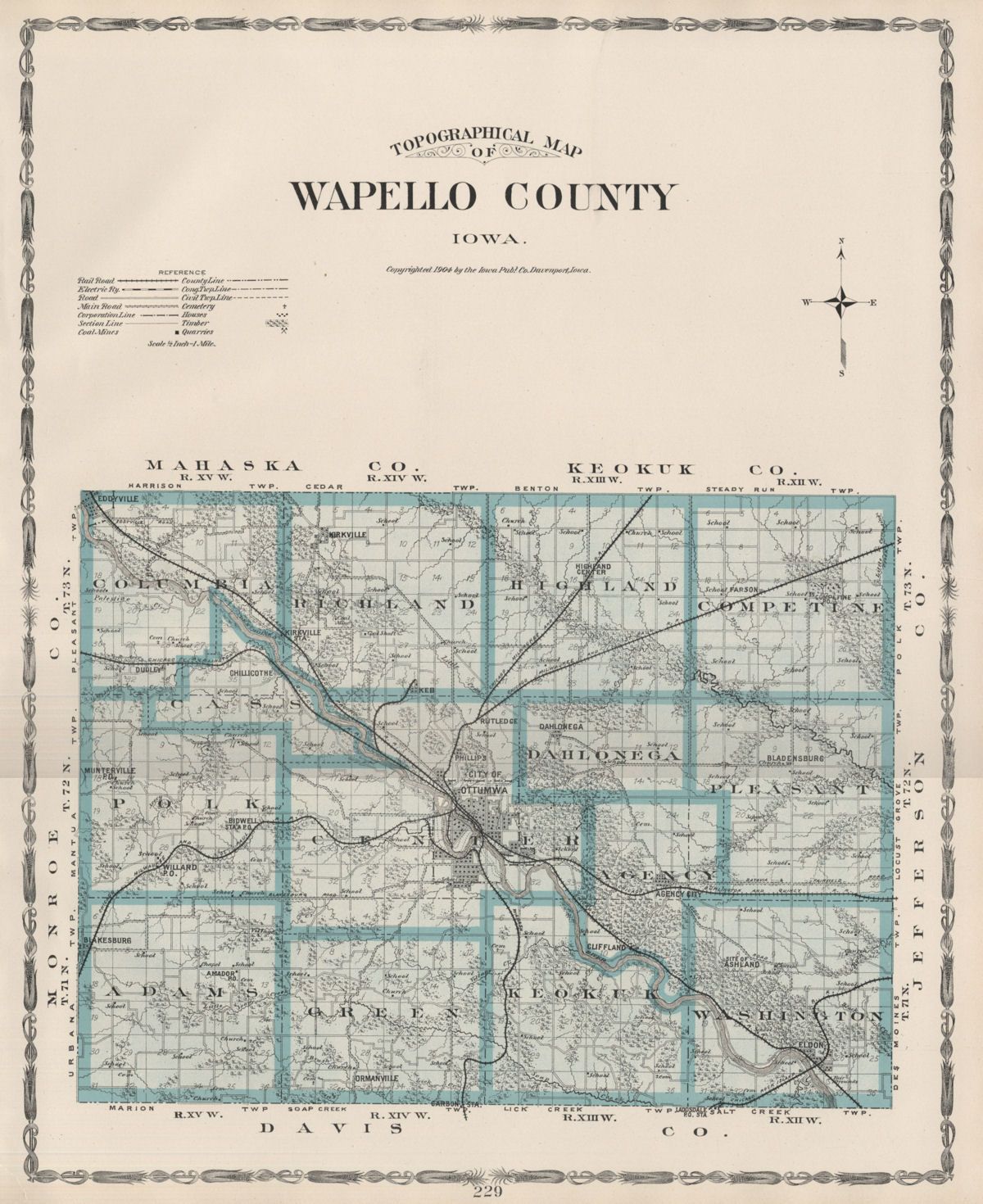 WAPELLO County Iowa Map Authentic 1904 (Dated) w/Towns, TWPs, RRs