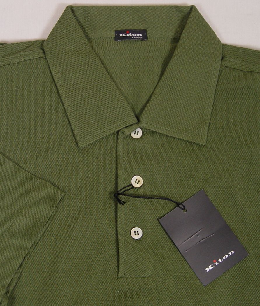 KITON Polo Shirt $525 Dark Green 3 BTN Logo Handmade Polo Shirt Large