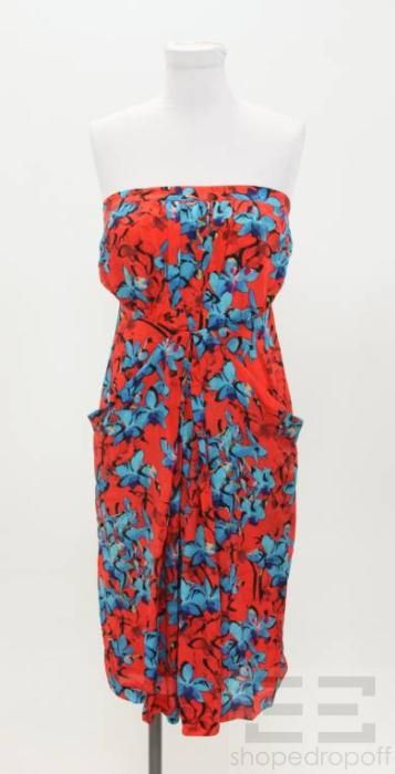 Leifsdottir Red Blue Floral Print Strapless Dress Size 0