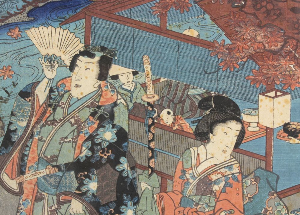 Originaler Farbholzschnitt Japan 18. Jh. Edo Tokio Geisha mit Samurai